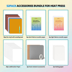 [Halloween Sale] HTVRONT Mini Heat Press Machine & 52 Pcs Heat Press Accessories Bundle (HTV, Weeding Tool, Heat Transfer Paper, Sublimation Paper, Heat Resistant Accessories)