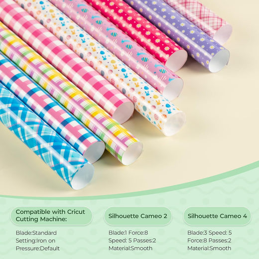 Rolls of colorful patterned Heat Transfer Vinyl on a beige background