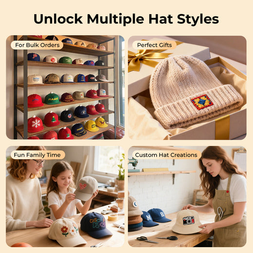 Collage of hat styles with text indicating uses for bulk orders, gifts, family time, and custom creations.