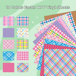 Stack of Easter-themed HTV vinyl sheets with various patterns on a green background.