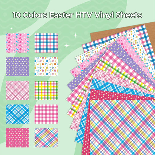 Stack of Easter-themed HTV vinyl sheets with various patterns on a green background.