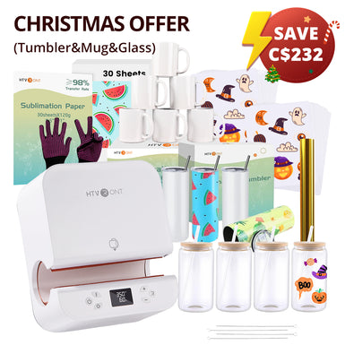 [Christmas Sale] Auto Tumbler Heat Press Machine 120V +Super Valued Bundle(30pcs Sublimation Paper+6pack Sublimation Mugs Blank-11oz+4Pack Glass 16oz+4Pack Tumbler Blank- 20oz+Sticker Paper*20+Mirror Metallic Adhesive Roll+Gloves≥C$232)