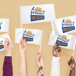 Hands holding small flags with 'The Best Summer Holiday' text on a beige background