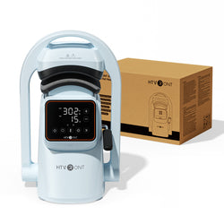 Blue Hat Press with digital display and brown box labeled 'HTVRONT' on a white background