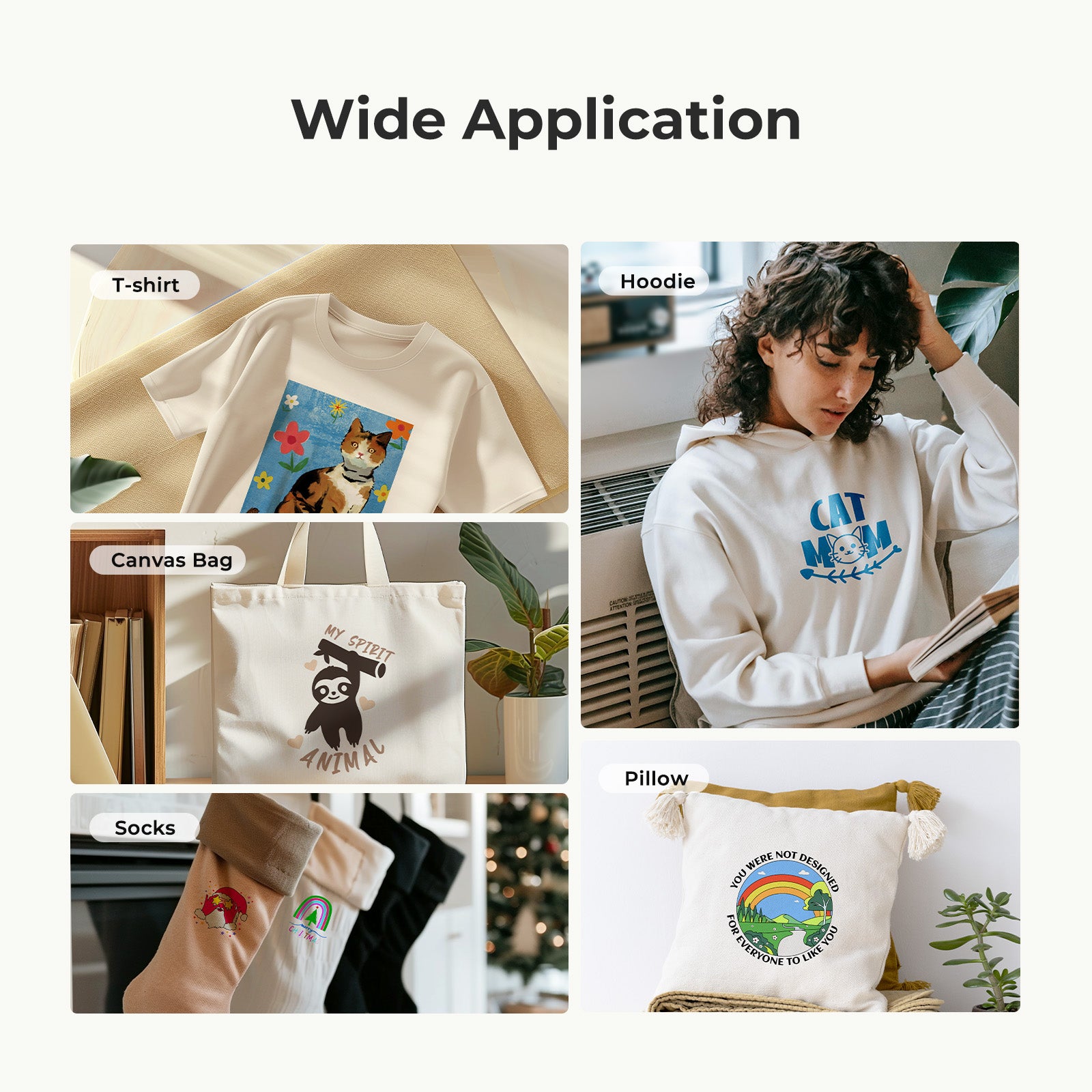 Collage of products with printed designs including t-shirt, hoodie, canvas bag, socks, and pillow.