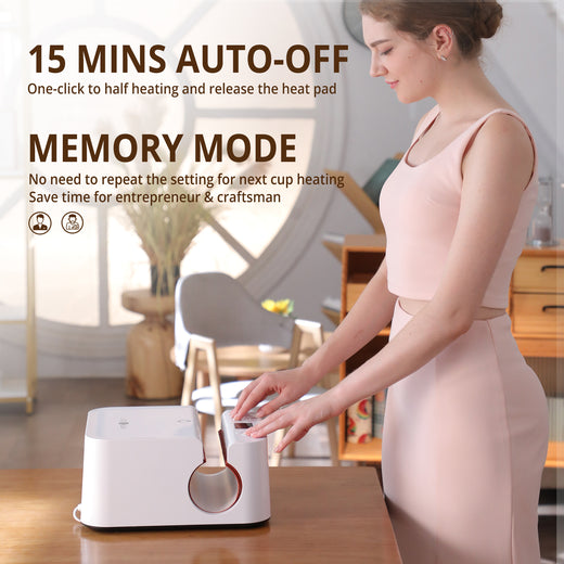 Woman using a white appliance on a wooden table with text about auto-off feature and memory mode.