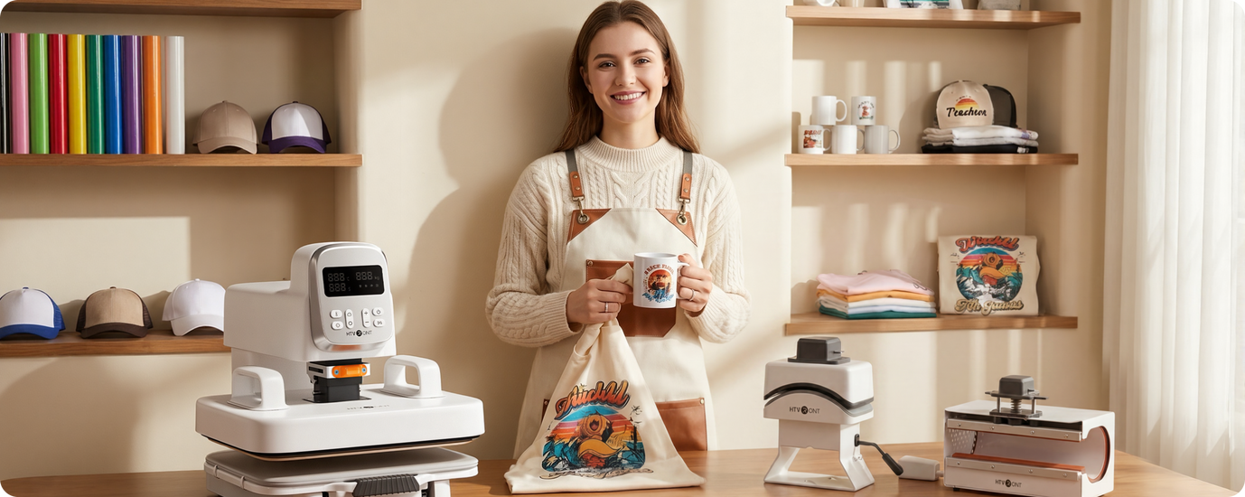 A woman holds a mug. An A100 multi heat press sits on the table, and shelves in the room display various DIY hats, clothes, and mugs.