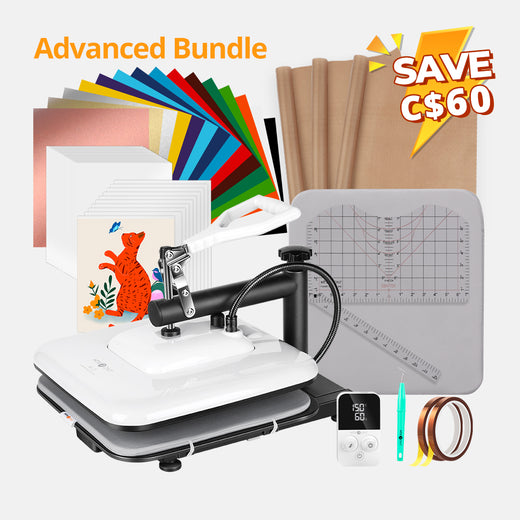 [Advanced Bundle] HTVRONT Manual Heat Press Machine 15" x 15" 110V + T-Shirt Heat Press Kit (Include Vinyl&Sublimation Bundle, Tools&Heat Press Mat)