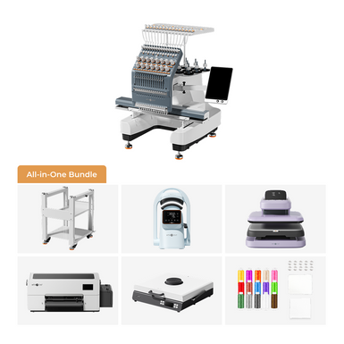 An all-in-one embroidery machine bundle shown on a white background, featuring a multi-needle embroidery machine with a touchscreen, a rolling storage cart, a light blue garment steamer, a lavender flatbed printer, a white label printer, a white rotary cutter, and a set of colorful embroidery floss markers.