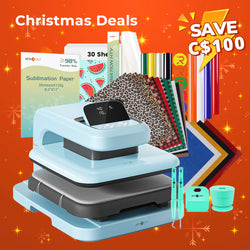 [Christmas Deals]HTVRONT Auto2 Heat Press+Christmas Bundle(PUFF HTV*8+Glitter HTV*5+Christmas HTV*13+Sumblimation Paper*30+Sumblimation HTV roll+PTFE Teflon Sheet+Weeding Tools≥120 C＄)