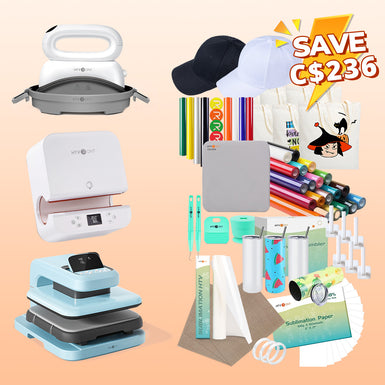 [All in one]HTVRONT Auto2+Tumbler+Hat Heat Press+All in One Bundle(Multicolor HTV Roll*20+150 sheets Sublimation Paper A4+Sublimation HTV Roll+PUFF HTV*8+Canvas Bags*6+Tumbler Blanks*4+Cap*2+Cap Hangers*6+Tools≥372 C＄)