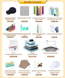 [All in one]HTVRONT Auto2+Tumbler+Hat Heat Press+All in One Bundle(Multicolor HTV Roll*20+150 sheets Sublimation Paper A4+Sublimation HTV Roll+PUFF HTV*8+Canvas Bags*6+Tumbler Blanks*4+Cap*2+Cap Hangers*6+Tools≥372 C＄)