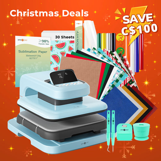 [Christmas Deals]HTVRONT Auto2 Heat Press+Christmas Bundle(PUFF HTV*8+Glitter HTV*5+Christmas HTV*13+Sumblimation Paper*30+Sumblimation HTV roll+PTFE Teflon Sheet+Weeding Tools≥120 C＄)