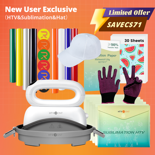 [New User Exclusive]Hat Heat Press Machine+HTV&Sublimation Bundle (Puff HTV*8+Baseball Cap Blank*1+Sublimation Paper*30+Sublimation HTV*5+PTFE Teflon Sheet*1+1Pair Gloves≥C＄81)