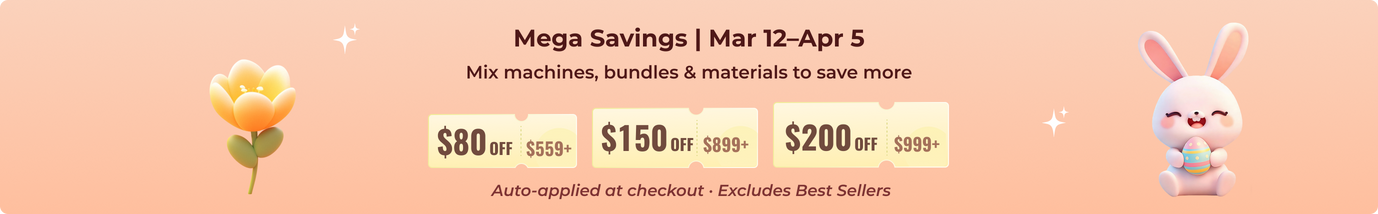 Promotional banner with savings offer and cartoon character on a pink background