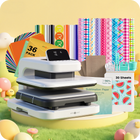 Auto Heat Press 2 with colorful HTV, sublimation paper and tools on a bright yellow background