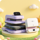 Stack of Purple Auto Heat Press 2 and Tumbler Heat Press with digital displays on a colorful background