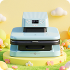 Blue autp heat press 1 on a colorful background with cartoon elements