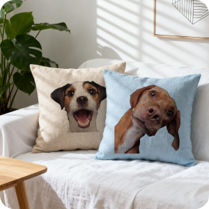 The pillow features a pet-friendly heat-pressed design.