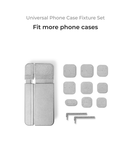 Universal Phone Case Fixture Set with phone case and mounting hardware on a white background