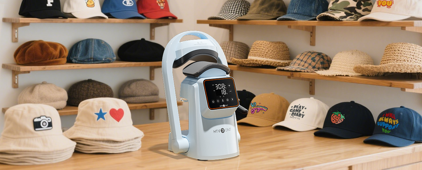 Display of various hats on shelves with a light blue hat press in the center.