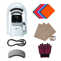 HTVRONT Hat heat press machine with accessories including htv, gloves, and cables on a white background