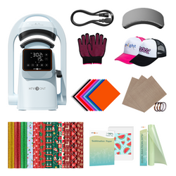 Collection of various items including a heat press, gloves, caps, and paper products on a white background.