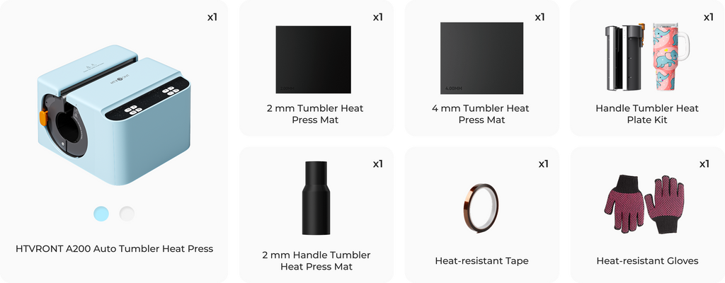 Collection of tumbler heat press accessories including a press, mats, tape, and gloves on a white background.