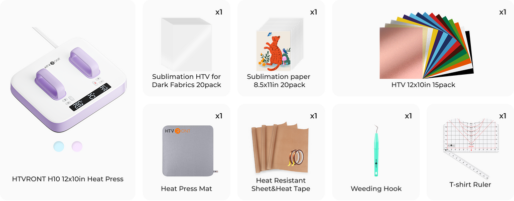 Collection of heat press supplies including a heat press machine, HTV, paper, and tools on a white background.