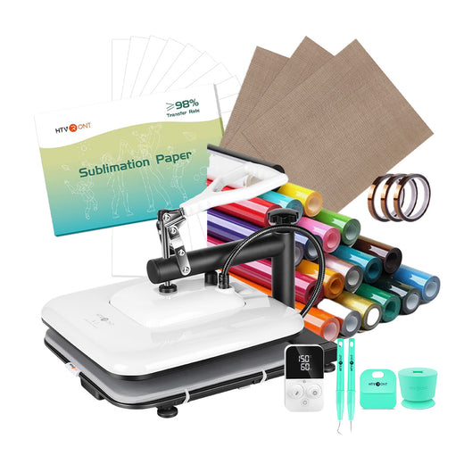 [Premium Bundle] HTVRONT Manual Heat Press Machine 15" x 15" 110V +20 Rolls HTV 12"x3ft (20 Colors)+ 150 Sheets Sublimation Paper 8.5"x11" A4 + Teflon Sheet & Heat Tape Kit + Weeding Tools Bundle