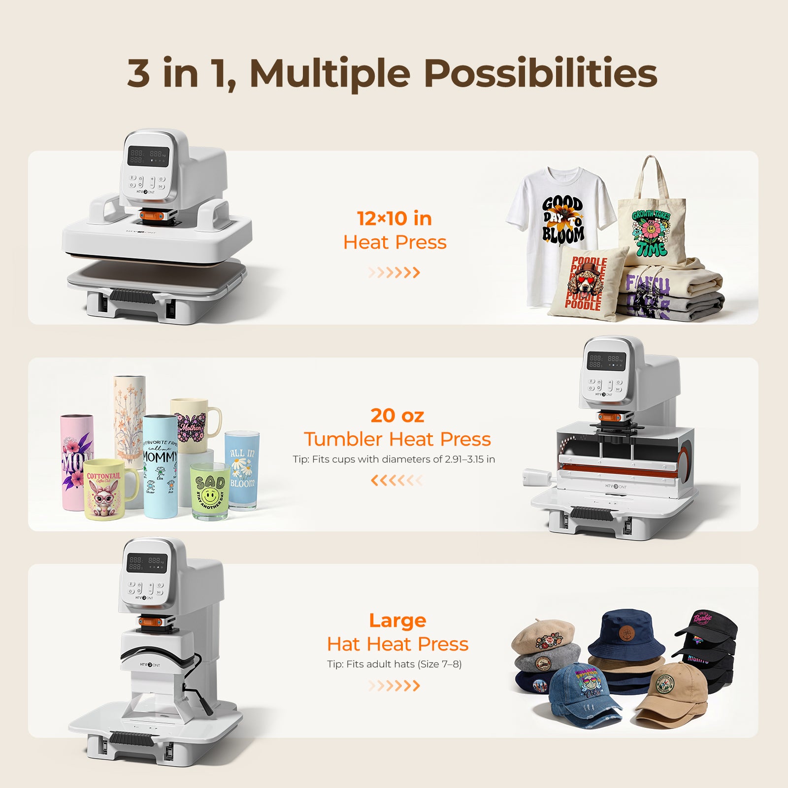 A100 3-in-1 auto multi heat press machine for shirts, tumblers, and hats on a beige background