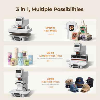 A100 3-in-1 auto multi heat press machine for shirts, tumblers, and hats on a beige background