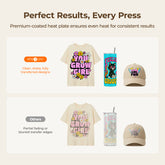 Promotional image of  HTVRONT heat press products with text about consistent results.