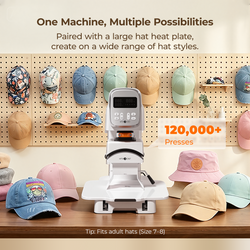 A100 Multi Heat press machine ( Mug module) with various hats on a pegboard background