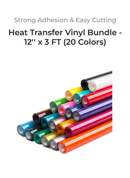 Colorful rolls of heat transfer vinyl with text on a white background