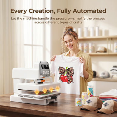 Woman holding a shirt with a design next to an auto multi heat press machine in a kitchen setting