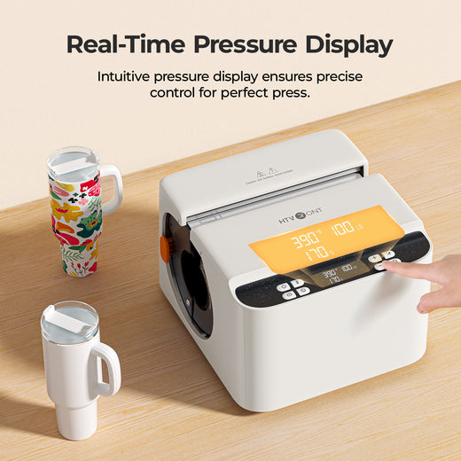 White appliance with digital display on a wooden surface, featuring two mugs.