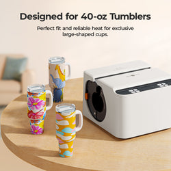 Colorful tumblers on a table with a white machine, text indicating design for 40-oz tumblers.