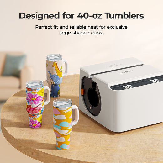 Colorful tumblers on a table with a white machine, text indicating design for 40-oz tumblers.