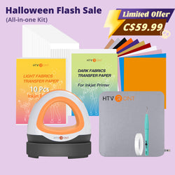 [Halloween Sale] HTVRONT Mini Heat Press Machine & 52 Pcs Heat Press Accessories Bundle (HTV, Weeding Tool, Heat Transfer Paper, Sublimation Paper, Heat Resistant Accessories)