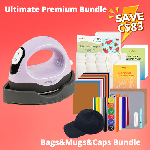 [Premium Bundle]HTVRONT Mini3 Heat Press+HTV&Sublimation Bundle(PUFF HTV *8+Multicolor HTV*10+Sumblimation Paper*25+Transfer paper*10+6Pack Canvas Tote Bag+PTFE Teflon Sheet+Heat Press Mat+Cap Blank*1+Weeding Tools≥C＄143)