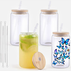CA HTVRONT Sublimation Clear Glass Blanks with Bamboo Lid - 16oz