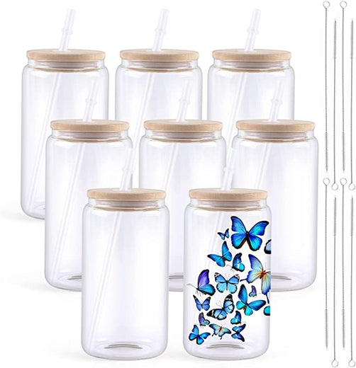 CA HTVRONT Sublimation Clear Glass Blanks with Bamboo Lid - 16oz